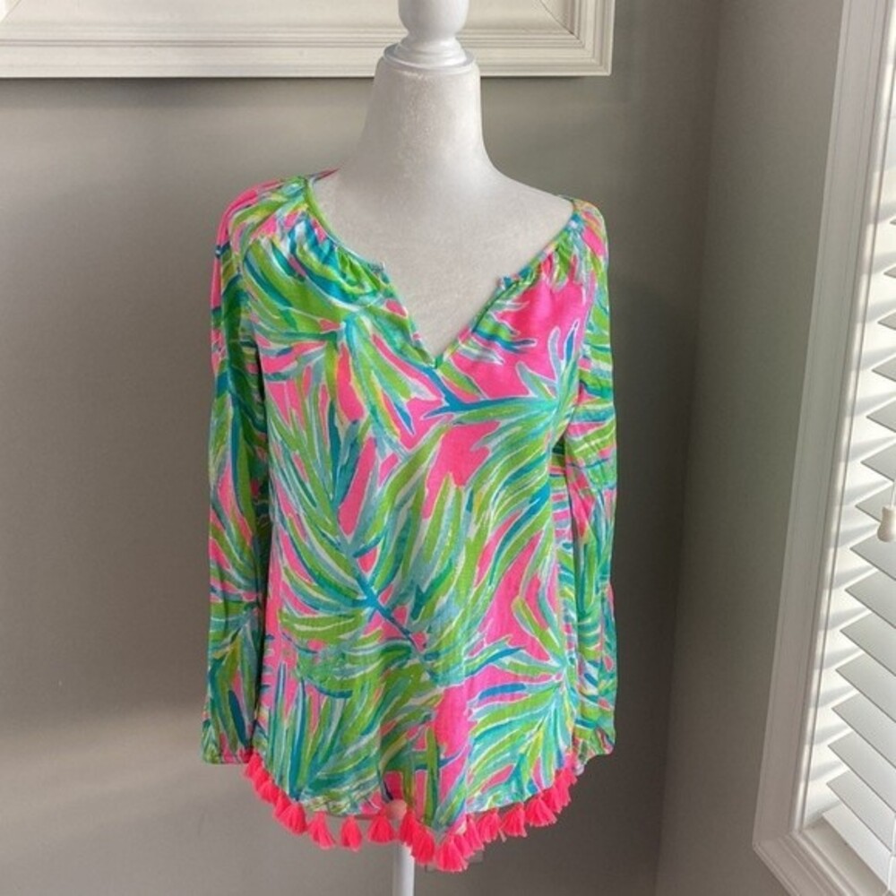 Lilly Pulitzer Linzy Tiki Fringe Pink Green Tastle Top XS - Picture 9 of 9